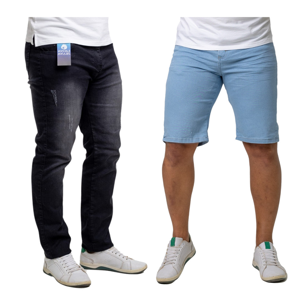 KIT Calça Preta Com Puído Padrão Slim +Bermuda Lycra | Escolha A Variação - Outlet Jeans Dias dos Pais em Oferta na Shopee