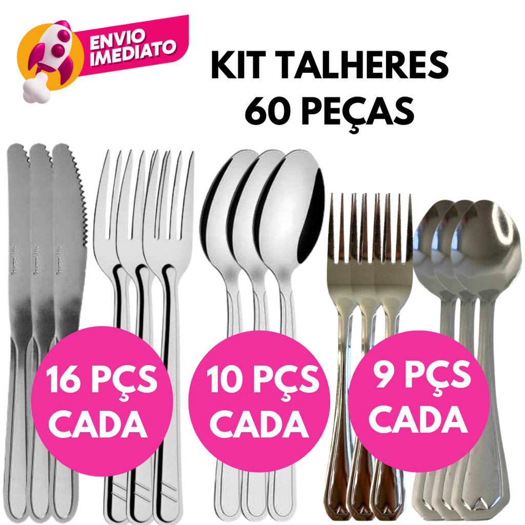Kit Talher Inox Garfo Faca Colher Refeição Garfo E Colher Sobremesa Jogo Completo C/48 Ou 60 Pçs