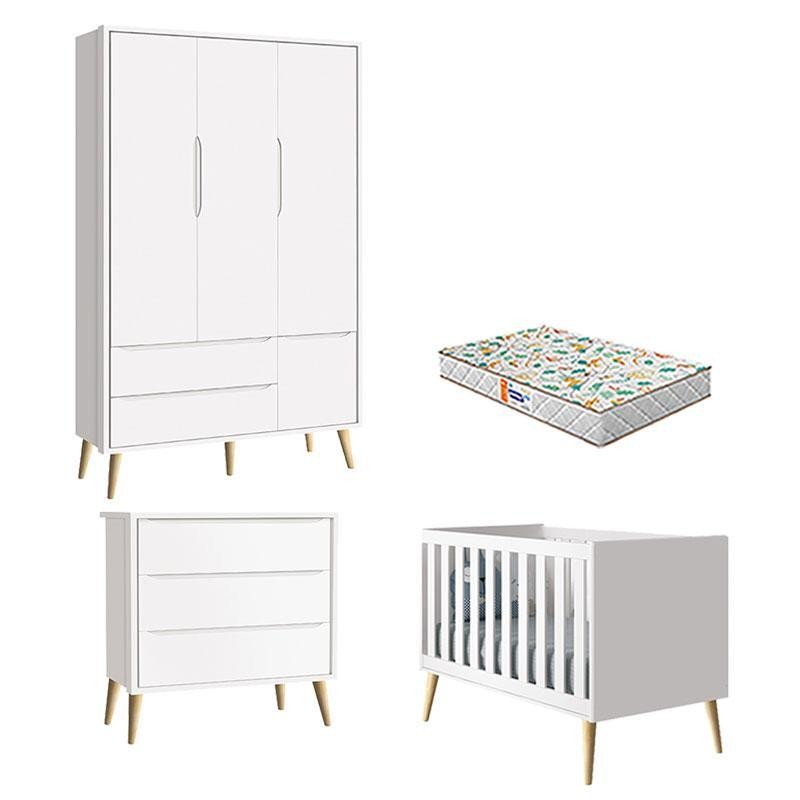 Quarto de Bebê 3 Portas e Cômoda Gaveteiro Theo Branco Pés Madeira Natural com Colchão Gazin – Reller