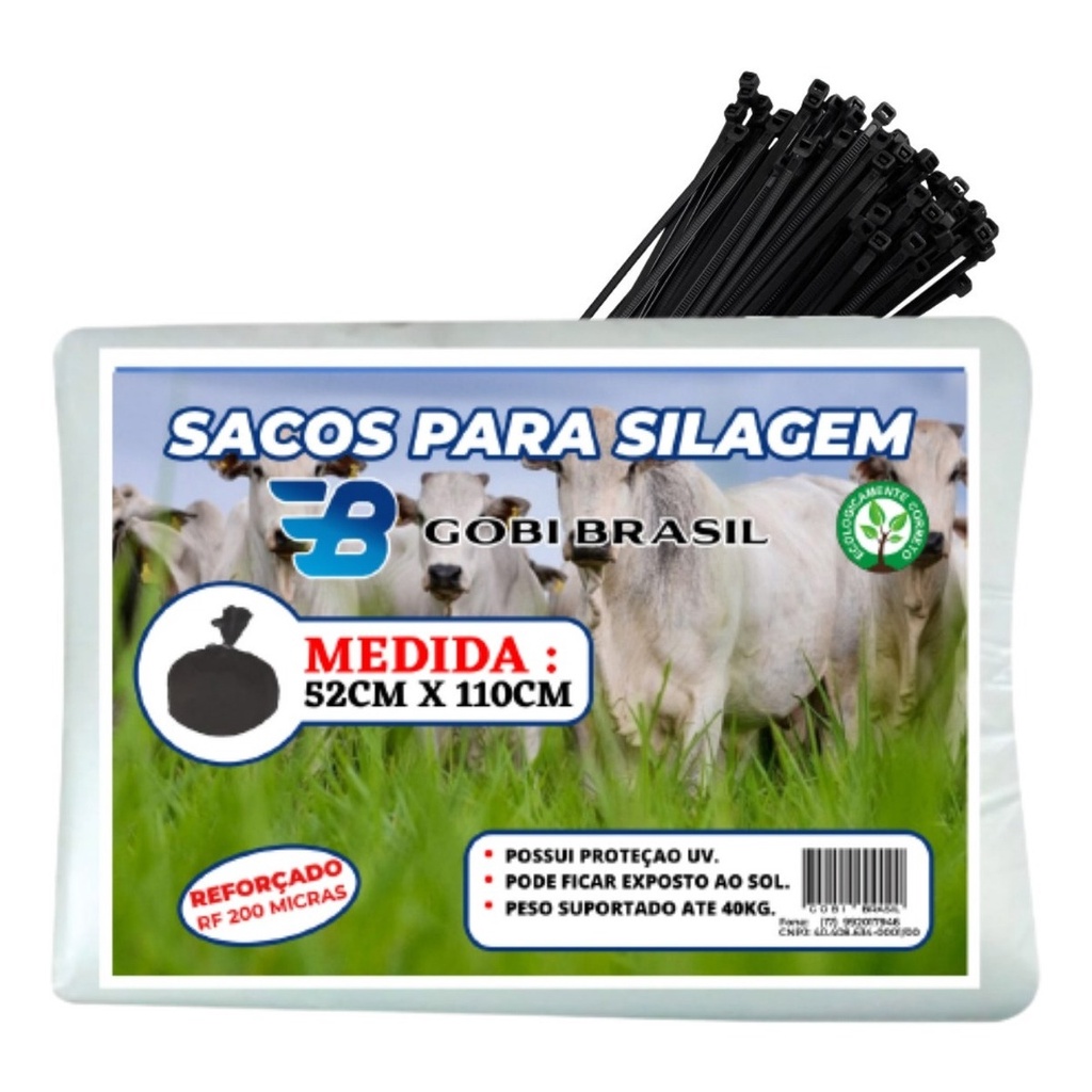 Saco para Silagem 25 unidades + 25 abç - 52x110cm 200 Micra