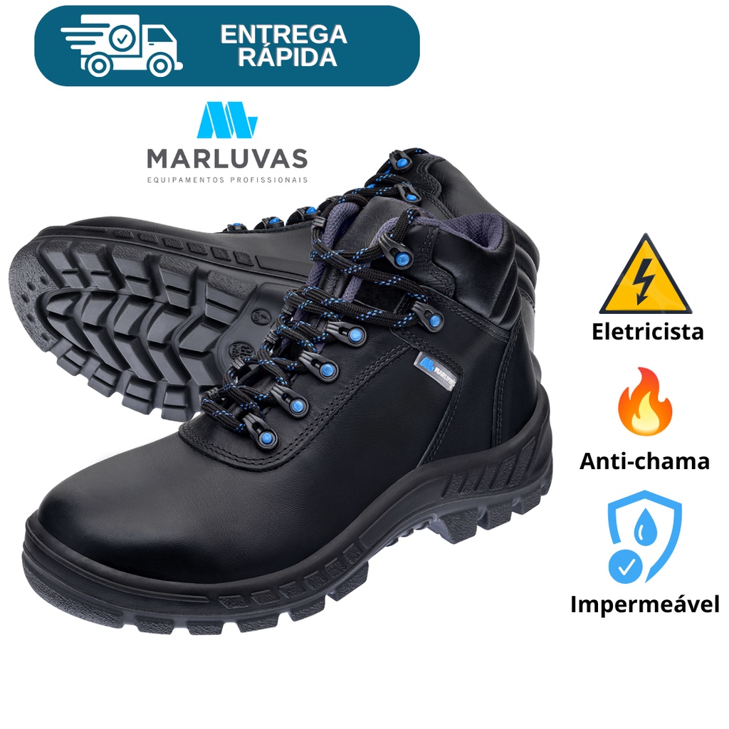 Bota Botina Segurança Marluvas Couro Anti-chama Impermeável Eletricista 50B22-PAZ-BP Proteção Epi CA