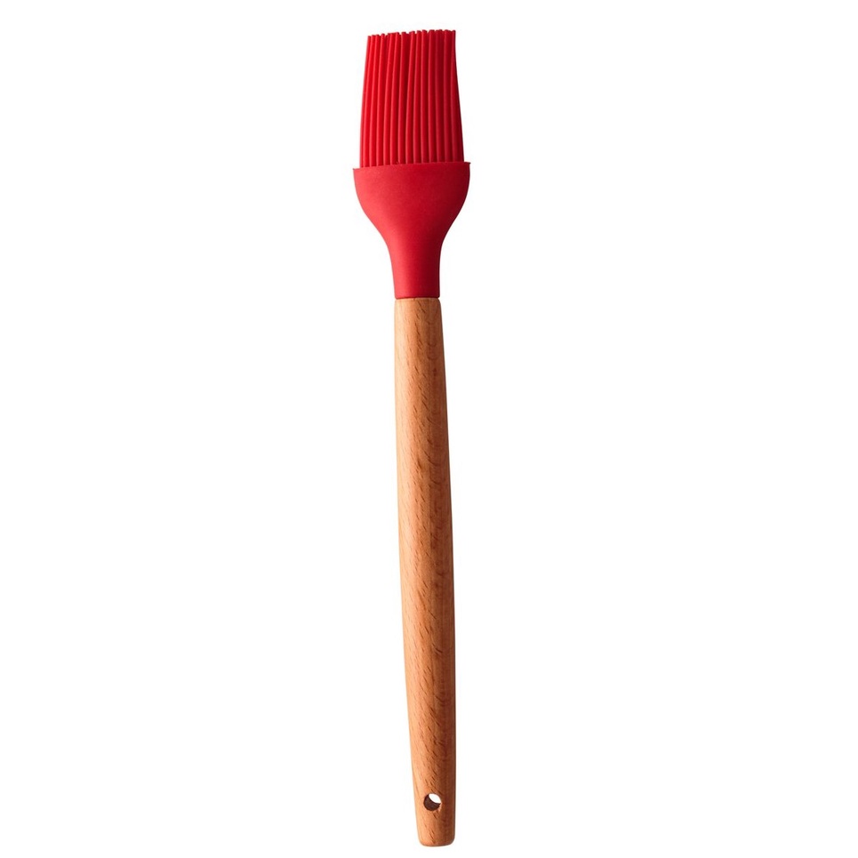 Pincel de Cozinha Silicone Cabo Madeira Grande 27cm Vermelho