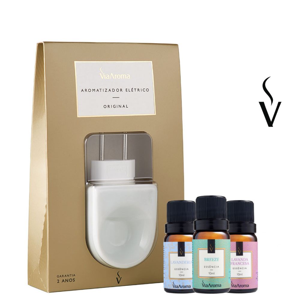 Kit Difusor Aromatizador Elétrico Original Porcelana + 3 Essências Sortidas - Via Aroma - Home & Living