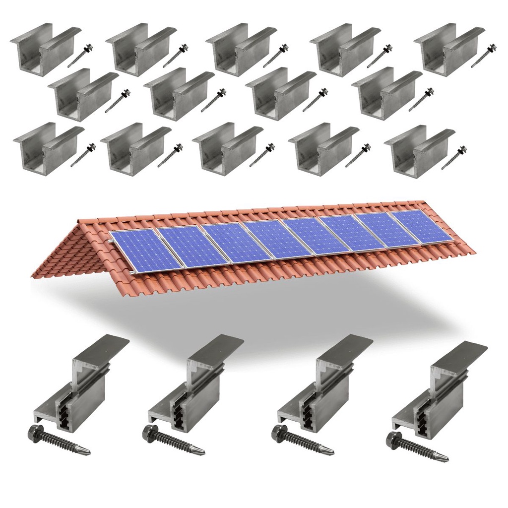 Kit Fixador Grampo Final Regulável e Intermediário Tipo U p/08 Placas Painel Solar Alumínio e Inox
