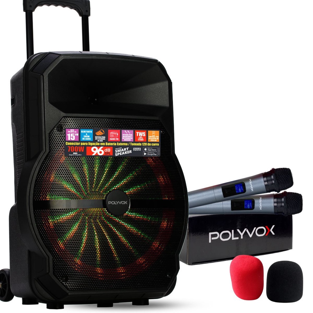 Kit de Caixa De Som Amplificada Bluetooth, 10 horas bateria 700w + 2 Microfones sem Fio Polyvox