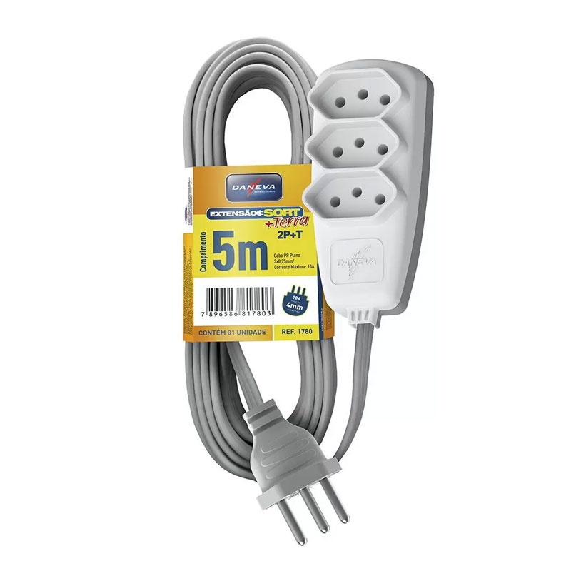 Extensão Sort 3 tomadas com 5 metros 2P+T 10A Gelo DN1780 Daneva em Oferta na Shopee