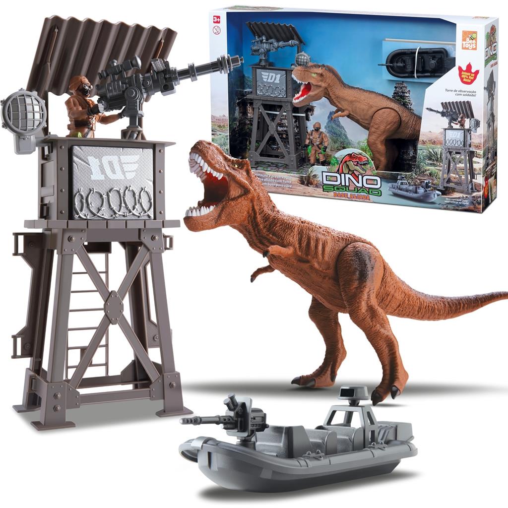 Dino Squad Com Boneco Militar Base Torre Posto Arminha E Barco Militar Brinquedo Cenário Bee Toys