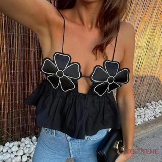 []-Mulheres Camisolas Flores Esparguete Sem Mangas Com Alças Tops Summer Black