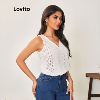 Lovito Casual Blusa Feminina Lisa com Tecido Texturizado e Ilhós Bordados LBA05164 (Branco)