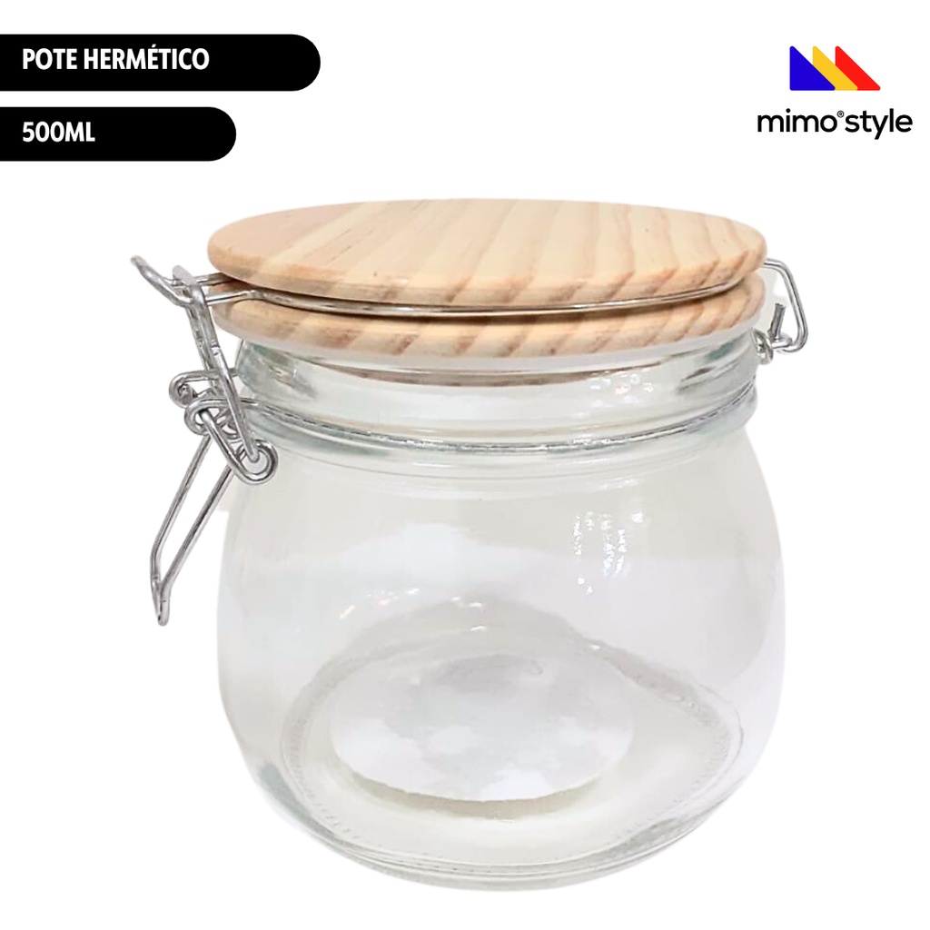 Pote Hermético Tampa Madeira Vidro 500ml c/ Trava Mimo Style em Oferta na Shopee