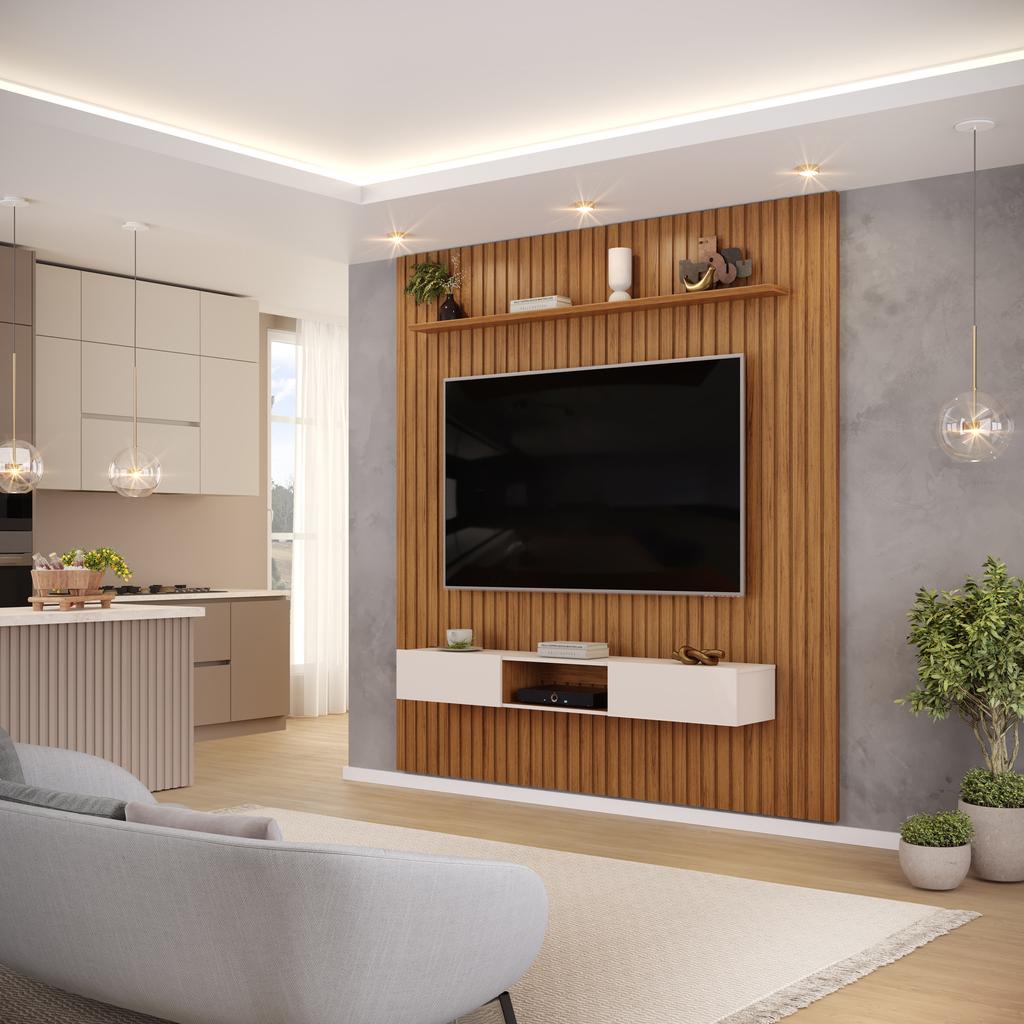 Painel com Bancada para TV até 75 Polegadas Ripado DJ Móveis Trento 223 Freijó Off White em Oferta na Shopee