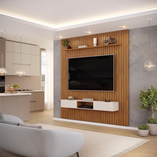 Painel com Bancada para TV até 75 Polegadas Ripado DJ Móveis Trento 223 Freijó Off White em Oferta na Shopee