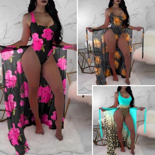 Biquíni Europeu Americano Fato de banho de primavera quente feminino de três peças Blusa de malha de contraste de cor Biquíni impresso
