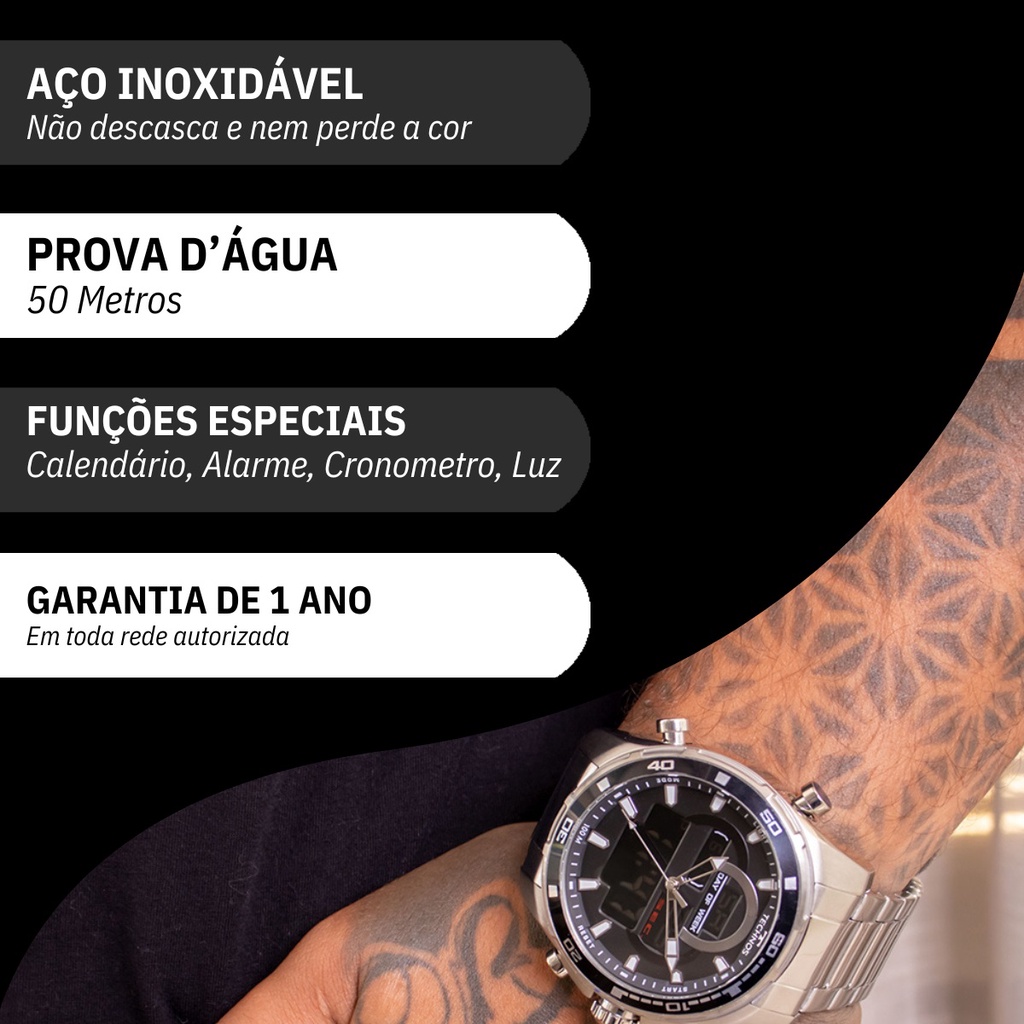 Relógio Masculino Technos BJK626AA/1K anadigi, prata, à prova d'água, original e ideal para presente.