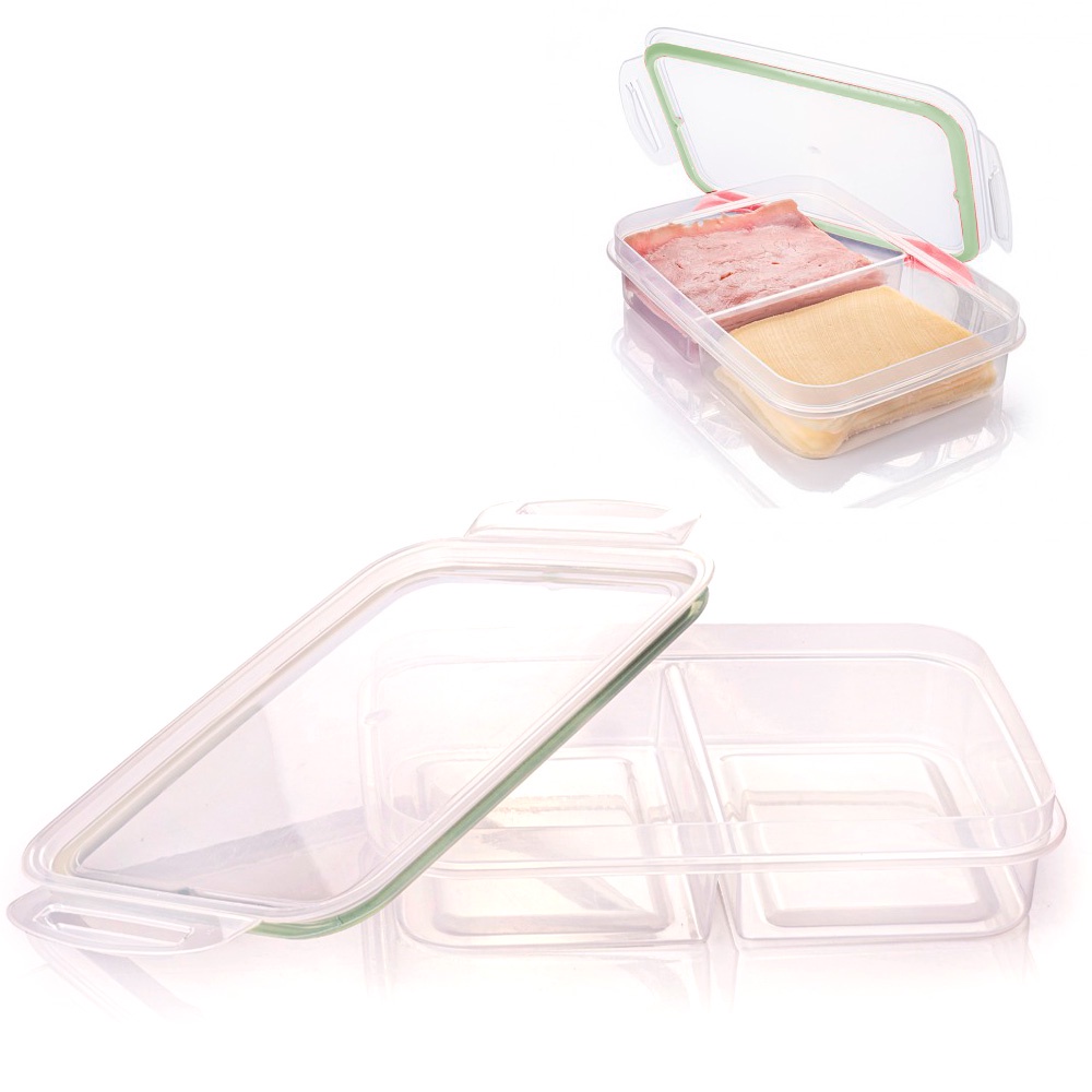 Porta frios duplo tampa tranparente e travas pote para lanche com 2 divisórias vasilha marmita mantimento tapoer tapuer hermético verde geladeira Plasútil