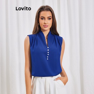 Lovito Blusa Elegante com Botões e Franzidos para Mulheres LBL06114 (Azul Royal)