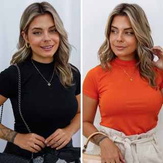 Kit 2 Blusa Feminina Canelada Gola Alta Manga Curta Básica