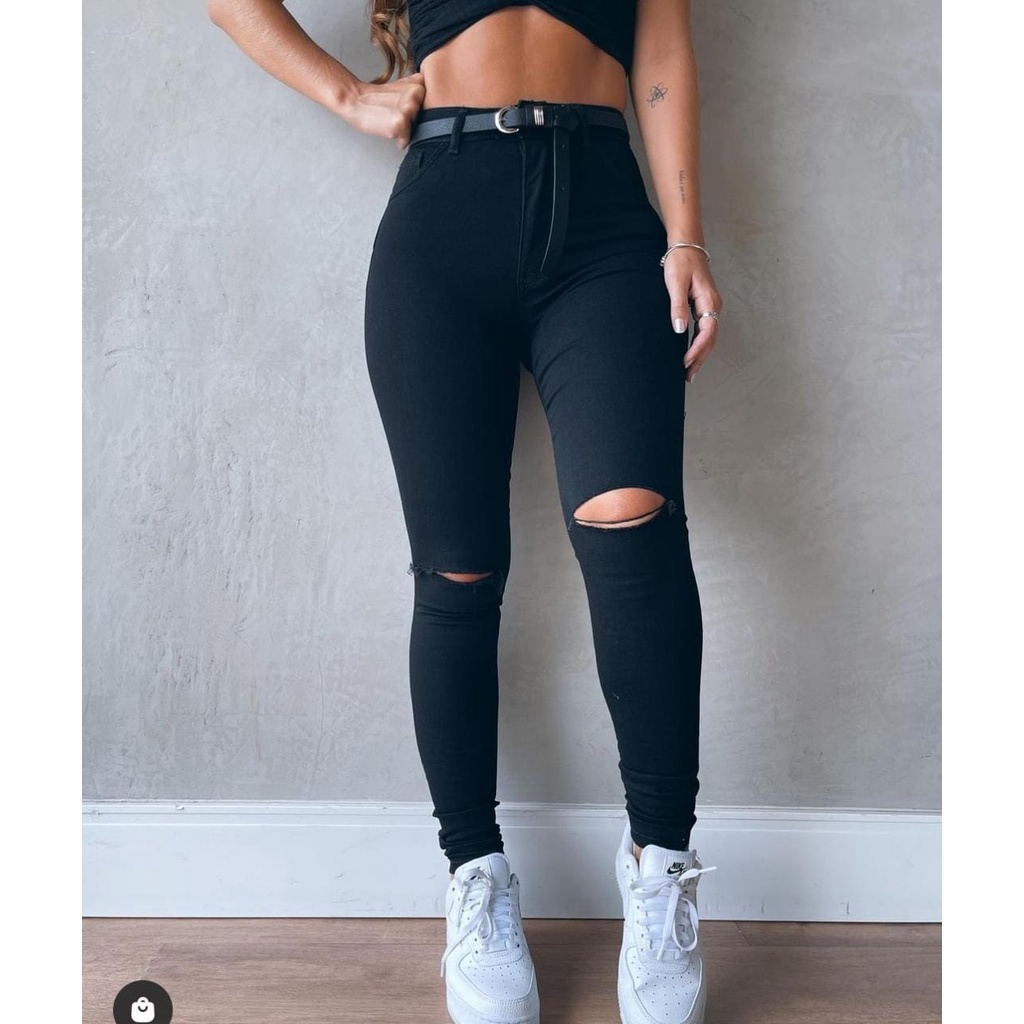 Calça Preta Jeans Skinny Rasgada no joelho Tendencia Moda Gringa Casual Valor Promocional