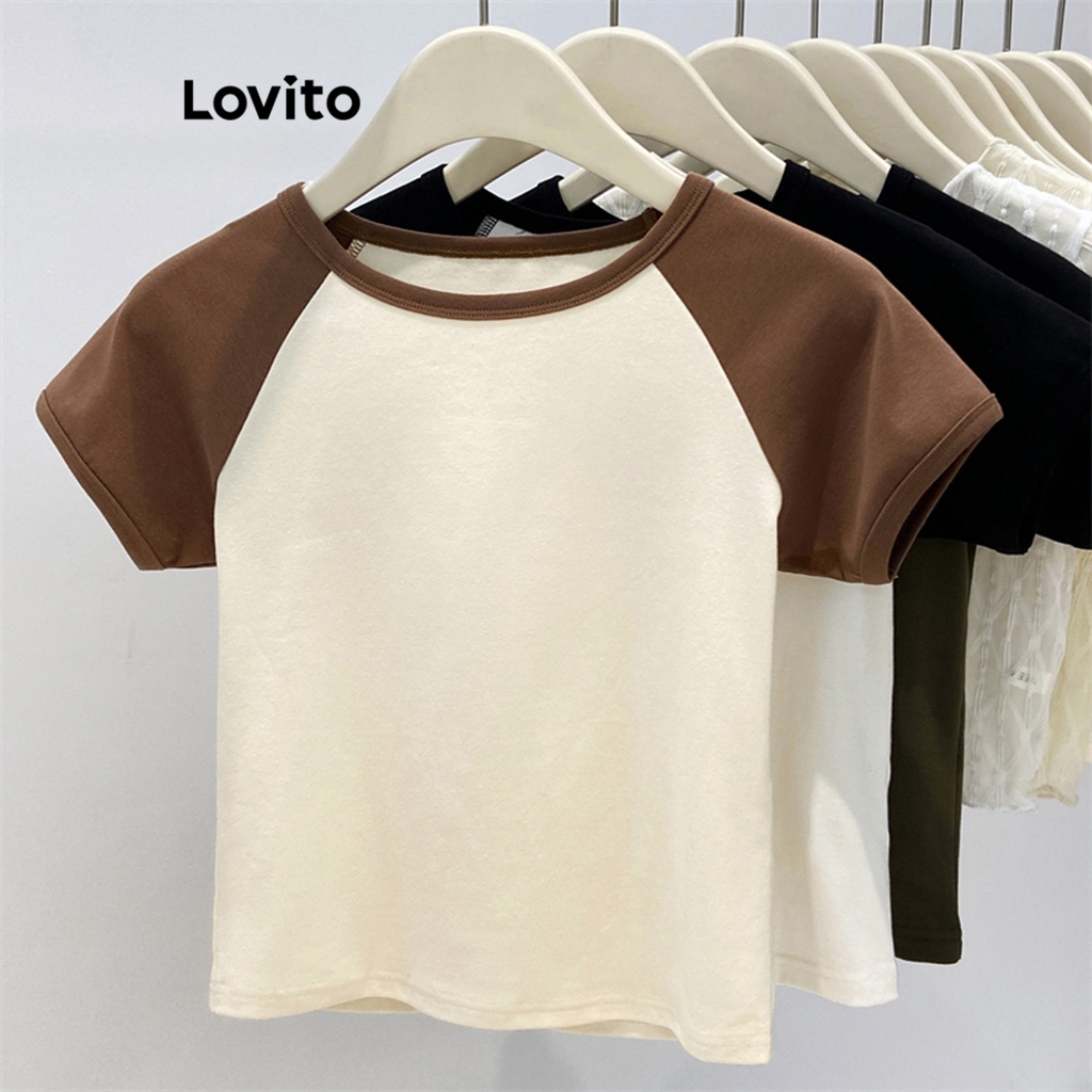 Lovito Camiseta Feminina Casual Com Costura Em Tecido Liso LNE35180 (Café/Verde/Preto E Branco)