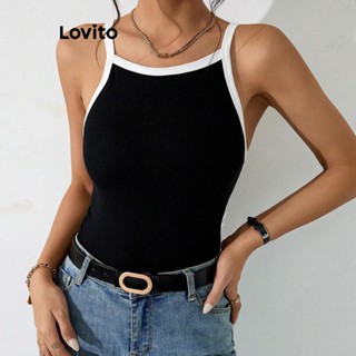 Lovito Regata com Detalhe de Contraste Simples Casual para Mulheres LNL35026 (Preto)