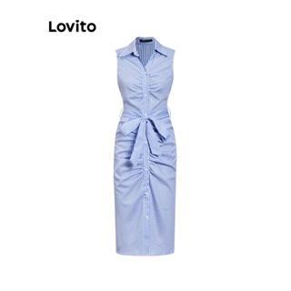 Lovito Casual Vestido Feminino Listrado Franzido com Cinto LBL07073