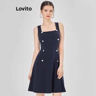 Lovito Elegante Vestido Feminino Liso Evasê com Botão L68ED174 (Azul Escuro)