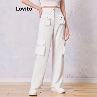 Lovito Casual Calça Feminina Lisa com Bolso LNE27269 (Branco)