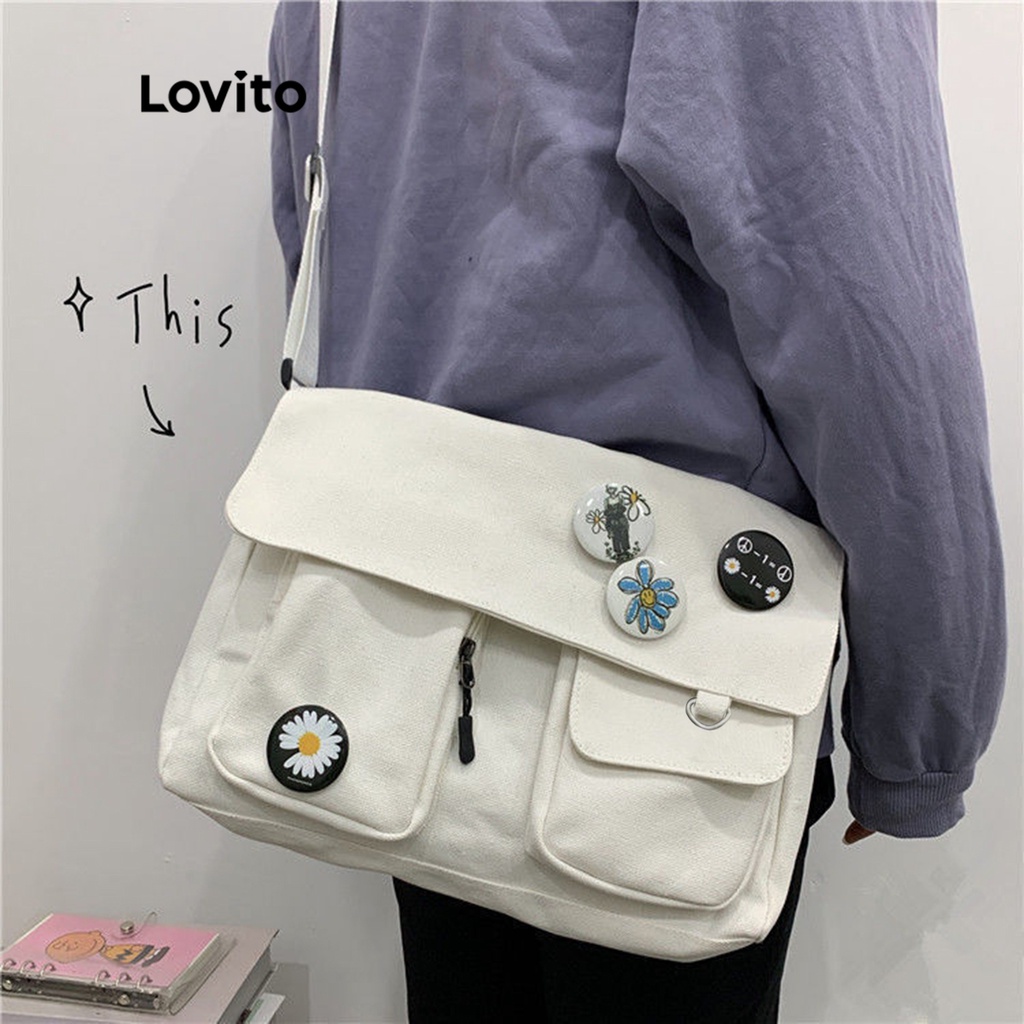 Lovito Bolsa Feminina Casual de Ombro com Bolso Simples LNE09114 (Branco/Preto)