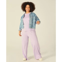 Calça Básica Feminina Plus Size Wide Leg Moletinho De Viscose