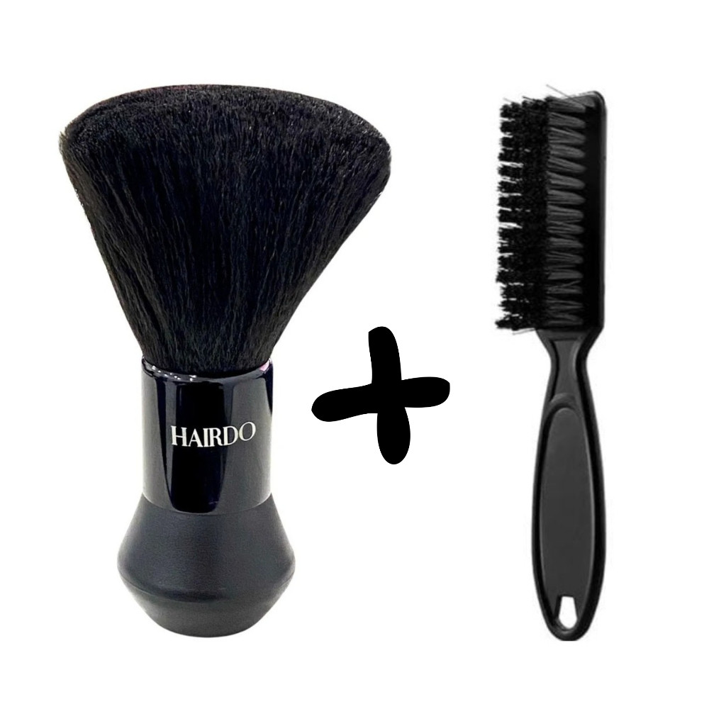 Kit Escova para Barba Profissional + Espanador Pincel Barbeiro Preto | Limpeza de Cabelo Barbershop