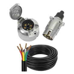 Tomada Engate Reboque 6 Polos + Cabo PP 6 Vias 1mm² Alumínio Cromado Carretinha Carreta Kit Completo