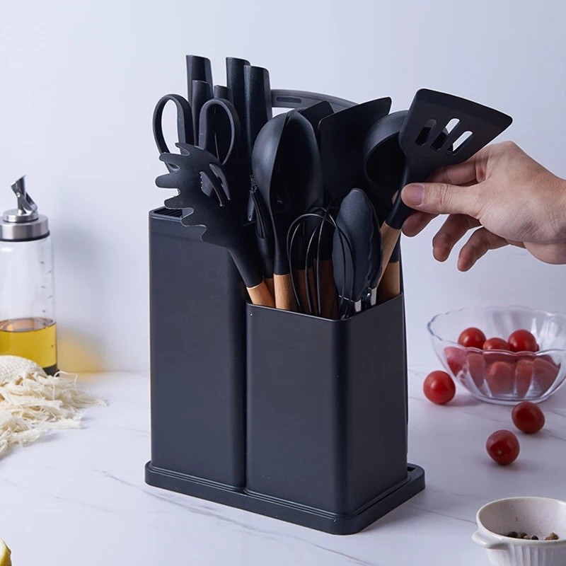 Utensílios De Cozinha De Silicone Conjunto 19Peças  Panelas Antiaderentes, Espátula, Pá, Batedores De Ovos, Cabo De Mad