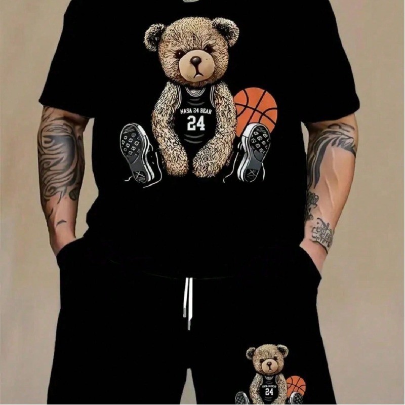 Kit Camiseta Básica Urso Basquete Masculina  StreetWear + Bermuda Urso Basquete Moletom Masculina Short Treino