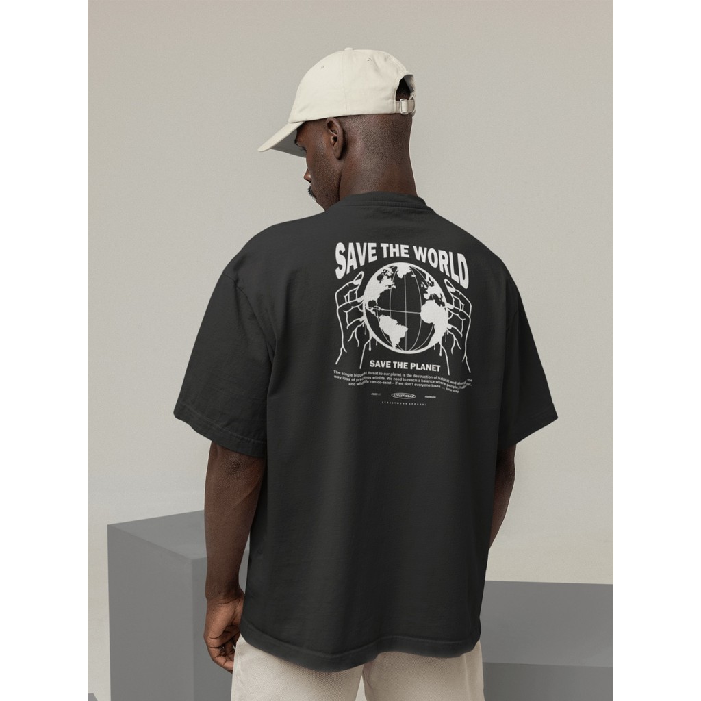Camiseta Oversized Gola Alta Streetwear Masculino e Feminino 100% Algodão  Preto e Off Whte Estampado - SAVE THE WORLD