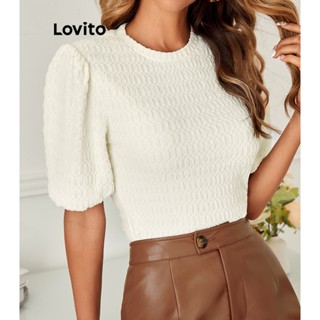 Lovito Camiseta com Babado e Manga Bufante para Mulheres LBE04009 (Branco)