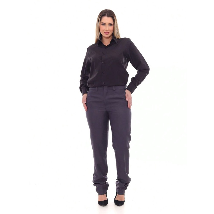 KIT Feminino Oversized 2 Peças- Camisa Social Slim Preta e Calça Social Cinza Escuro com Passantes e Colchete de Gancho