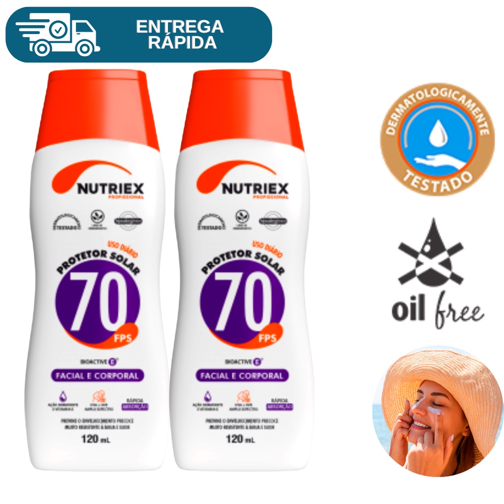 Kit 2 Protetor Solar Facial e Corporal Fps 70 120ml Nutriex 1/3 UVA UVB Bloqueador Solar Fator 70 Proteção Soldador