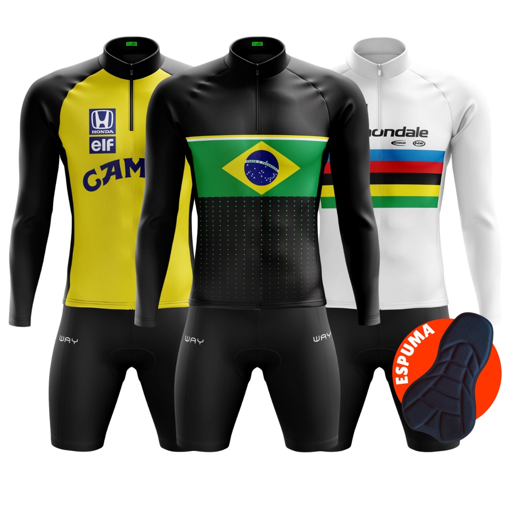 Kit Conjunto Ciclismo Masculina Camisa Blusa Manga Longa Bermuda de Espuma Slim Bike Mtb