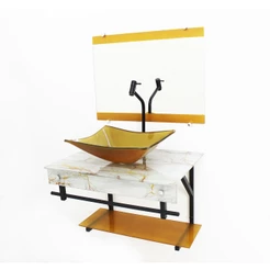 Gabinete De Vidro 80cm Apx Com Cuba Retangular Mármore Branco Dourado