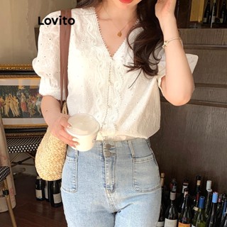 Lovito Blusa Feminina Casual Com Botões Frontais E Bordados De Pérolas LNE37349 (Branco)
