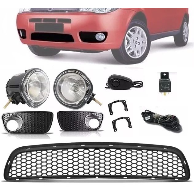 Kit Farol de Milha Neblina + Grade Para-choque Central Fiat Palio Celebration 2004 à 2011