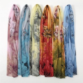 Quatro Estações Chiffon Impressão Lenço De Lótus Colorido Scarf Shawl Proteção Solar Ultra Fina Viagem De Férias Praia Acessórios
