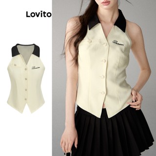 Lovito Casual Blusa Feminina Colorblock com Estampa de Texto e Botão L67AD038 (Off White)