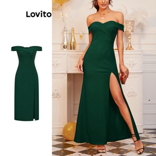 Lovito Elegante Vestido Feminino Liso Cruzado com Fenda L68ED229 (Verde)