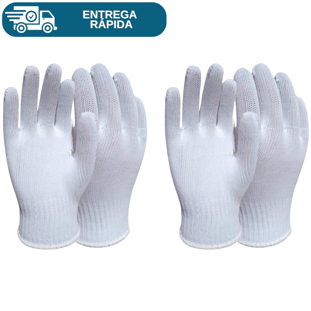 Kit 2 Prs Luva Tricotada Malha Helanca Poliamida Branca De Proteção Lisa P/ Pedreiro Manutenção Epi