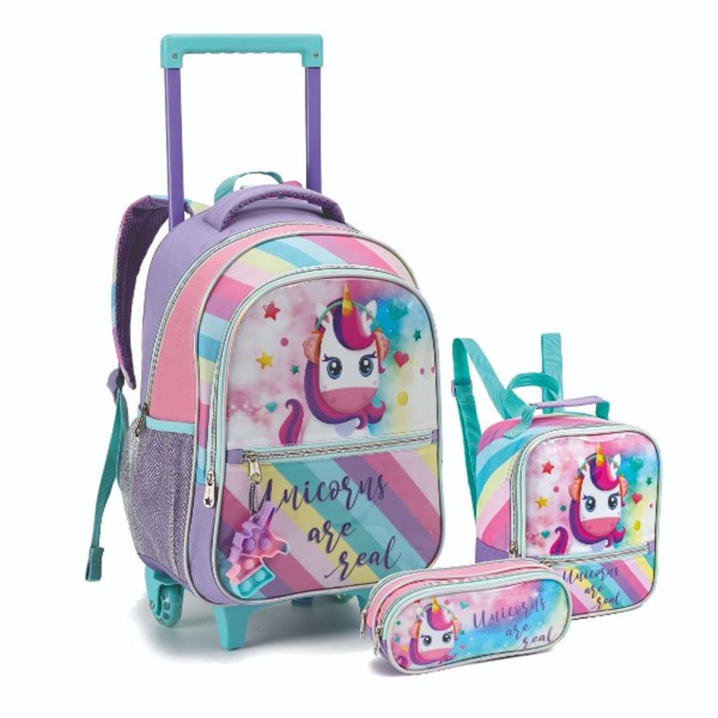 Kit Mochila Rodinha Lancheira Infantil Estojo Menina Unicornio Fofinho Lilas Denlex