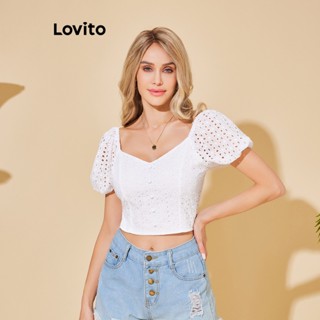 Lovito Blusa Branca com Bordado de Ilhós e Botões Frontais para Mulheres LBL06051 (Branco)
