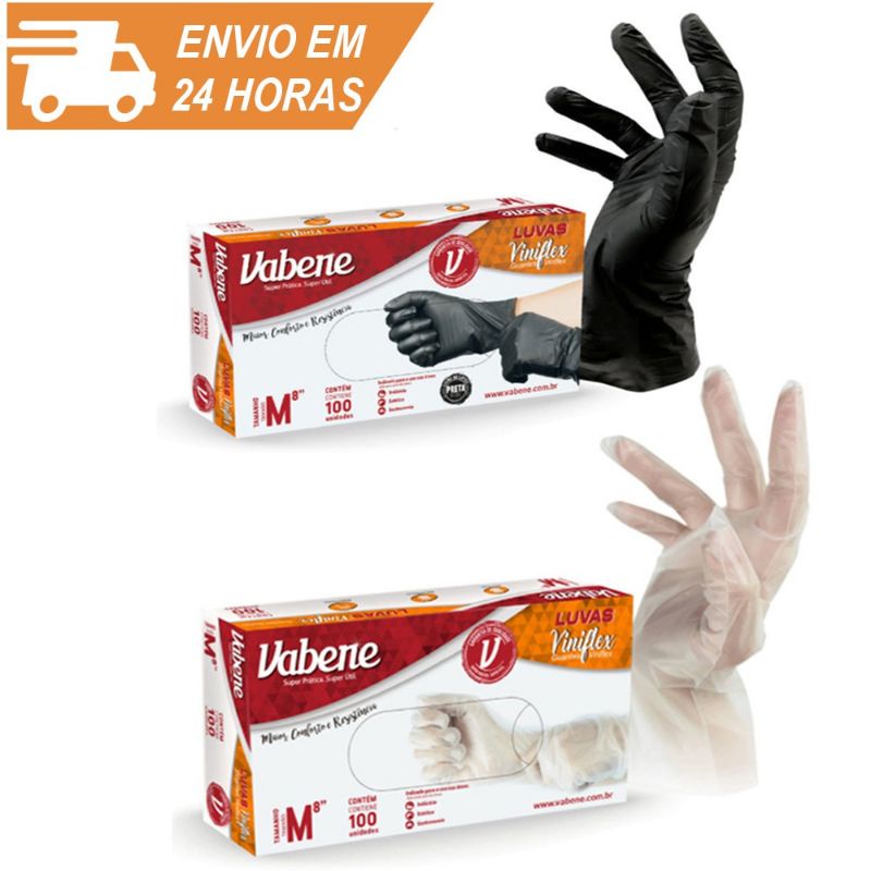Caixa Luva Descartável VINIFLEX  Sem Pó Vabene CX C/ 100 Unidades Tam. P. M. G Preta ou Transparente