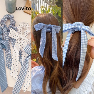 Lovito Elegante Bolinhas Arco Folho Fita Grande Intestino Faixa De Cabelo Xadrez Esmagado Flor Estilo Francês Azul Esquema De Cores Laços De Cabelo Para Mulher LFA09212