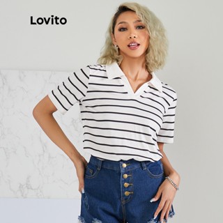 Lovito Camiseta Casual Com Gola De Lapela Contrastante L22AD033 (Branco-creme)